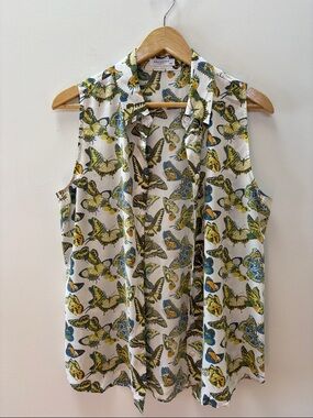Equipment Sleeveless Button-Down with Yellow, Blue & Green Butterfly Print